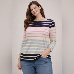 Talbots Striped Boat Neck Top Womens Medium Navy Pink Yellow 3/4 Sleeve